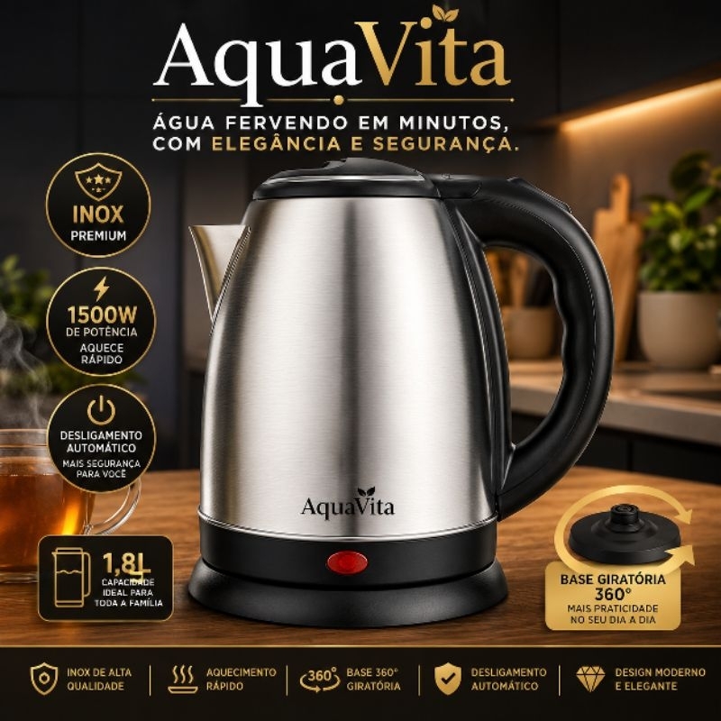 Chaleira Elétrica AquaVita Inox 1,8L 1500W 220V Base Giratória 360° Desligamento Automático