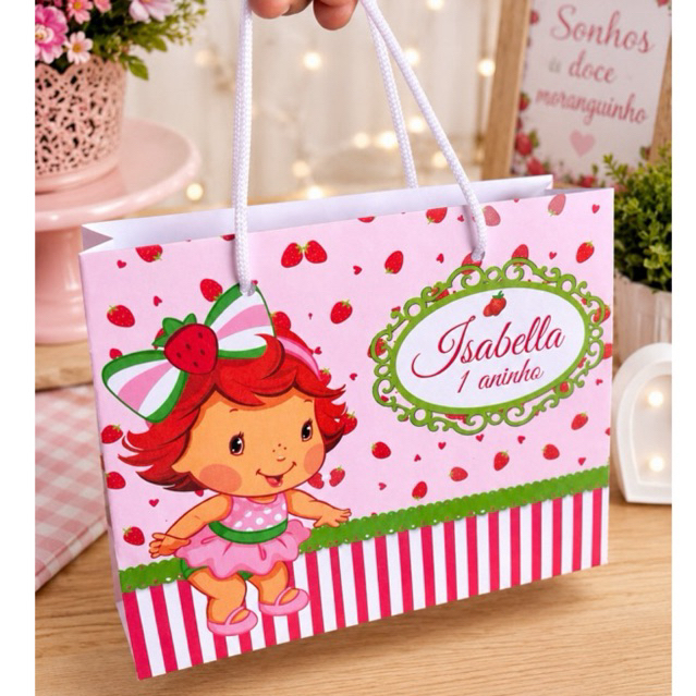 Sacola Personalizada Moranguinho Baby | Lembrancinha de Aniversário Infantil com Nome e Idade