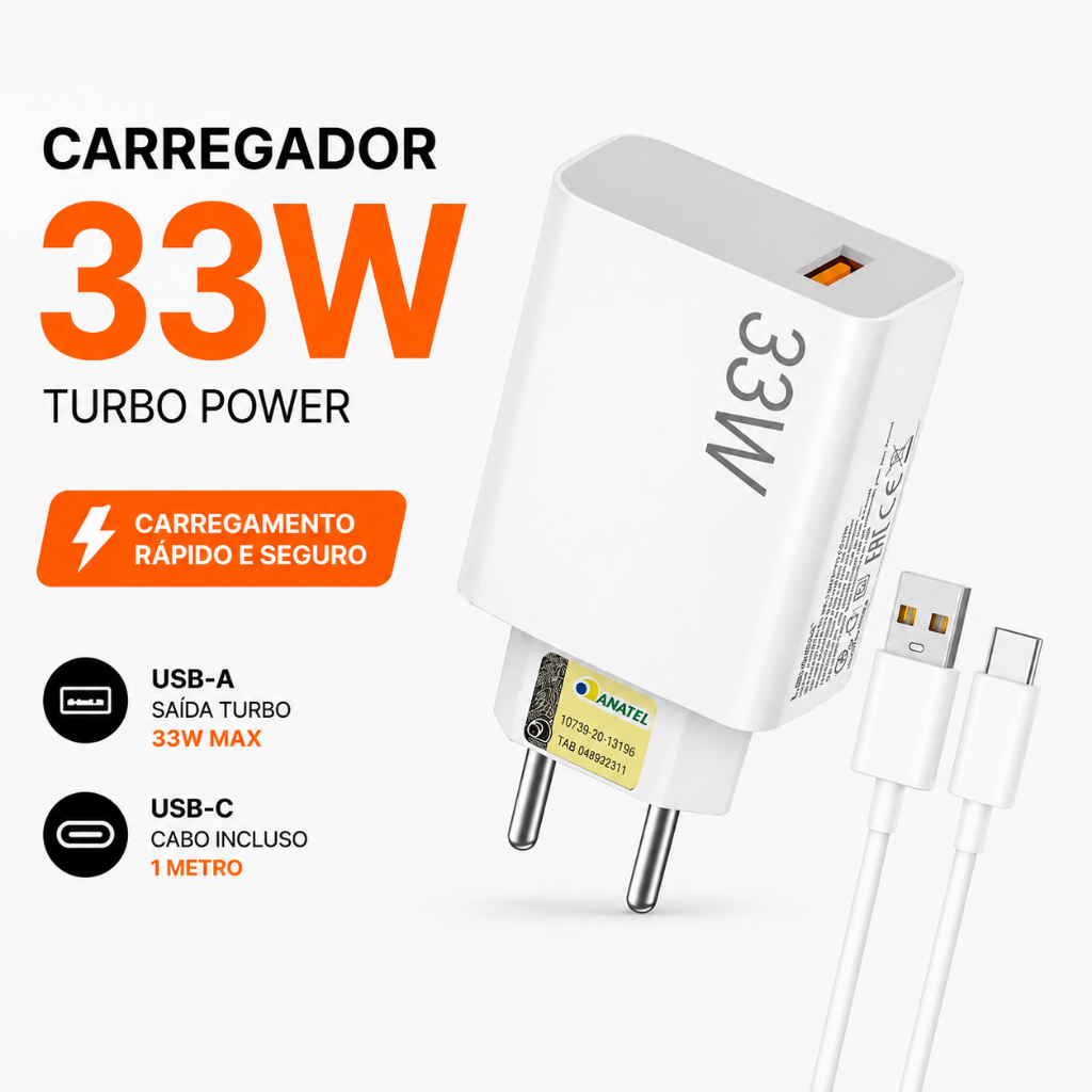 Carregador Tipo C Turbo 33W Original Lehmox Compatível com Android Fast Charger