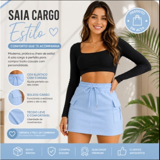 Kit 2 Saias Cargo Feminina Cintura Alta Moletinho Com Bolsos Casual