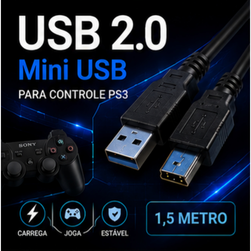 Cabo Para Controle PS3 Mini USB 2.0 Compatível Playstation 3 1,5m