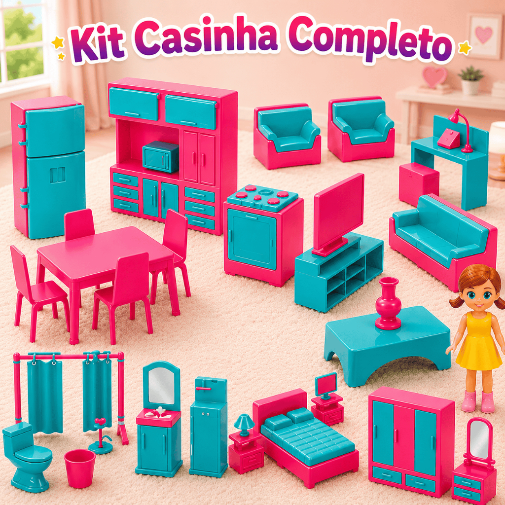 Casa Completa da Judy Polly Com Boneca Cadeirinha Banheiro Sala Cozinha Quarto - Brinquedo Infantil