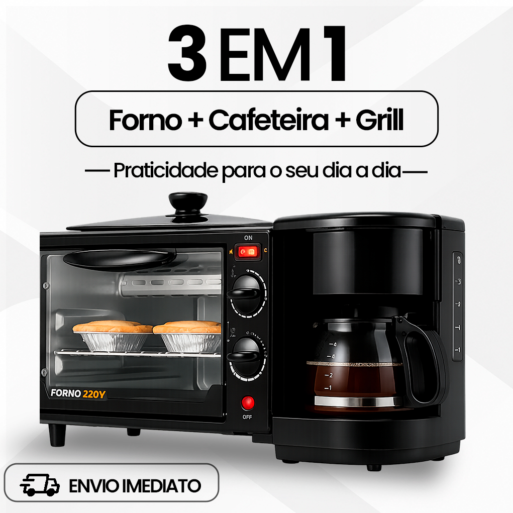 Forno + Cafeteira + Grill 3 em 1 Máquina Multifuncional Café da Manhã Premium - PRONTA ENTREGA