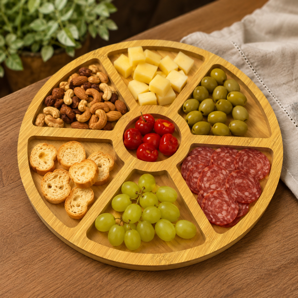 Petisqueira Roda MDF Tipo Bambu 7 Divisórias 29cm Aperitivo Churrasco Festa Mesa