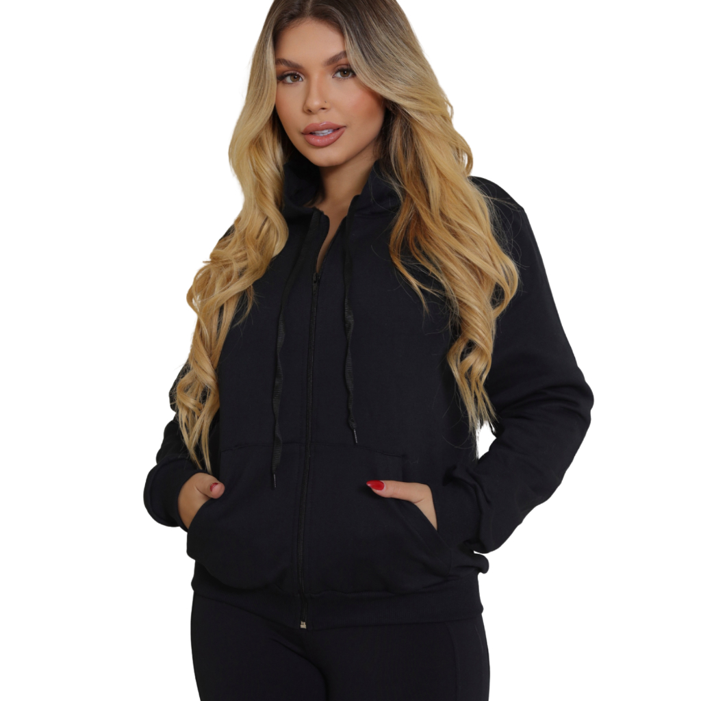 Blusa Moletom Feminina Frio Liso Estiloso Jaqueta Premium Canguru Flanelada Zíper Casual Inverno