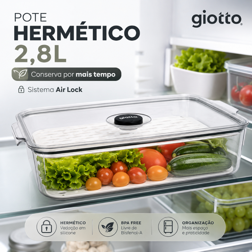 Pote 2,8 Litros Hermético vedação Silicone Organizador Geladeira com Bandeja de Drenagem Giotto