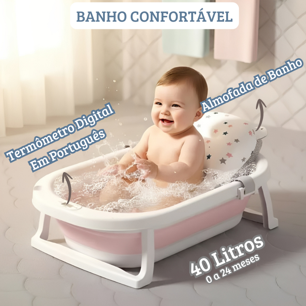 Banheira Dobrável Infantil Bebê Com Almofada E Termômetro