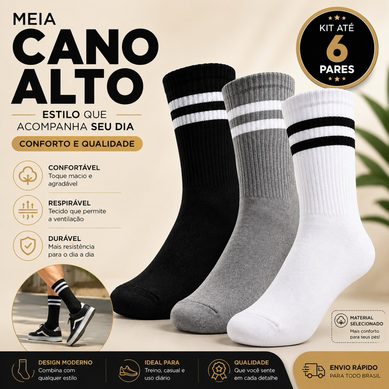 Meias Cano Alto Moderna Com 1 Até 6 Pares Adulto
