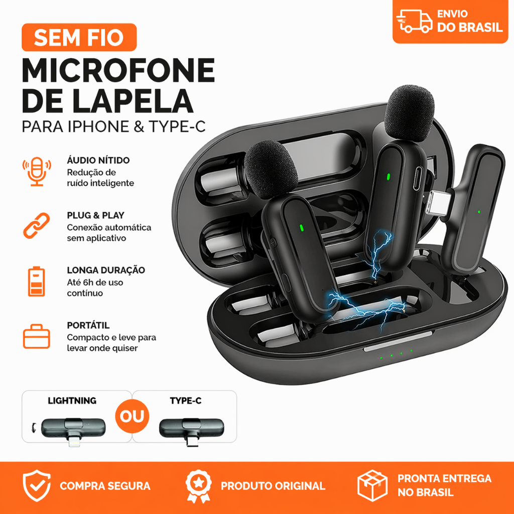 Microfone Sem Fio Lapela com Case Carregadora Tipo C e Lightning Para Celular