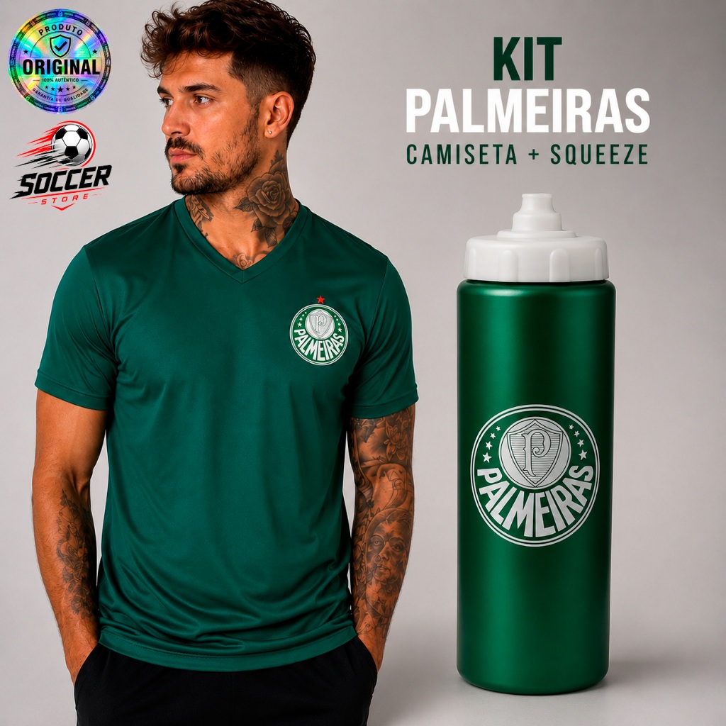 Kit Camisa Palmeiras + Squeeze Garrafa 800ml Produto Original Oficial Torcedor Presente Futebol