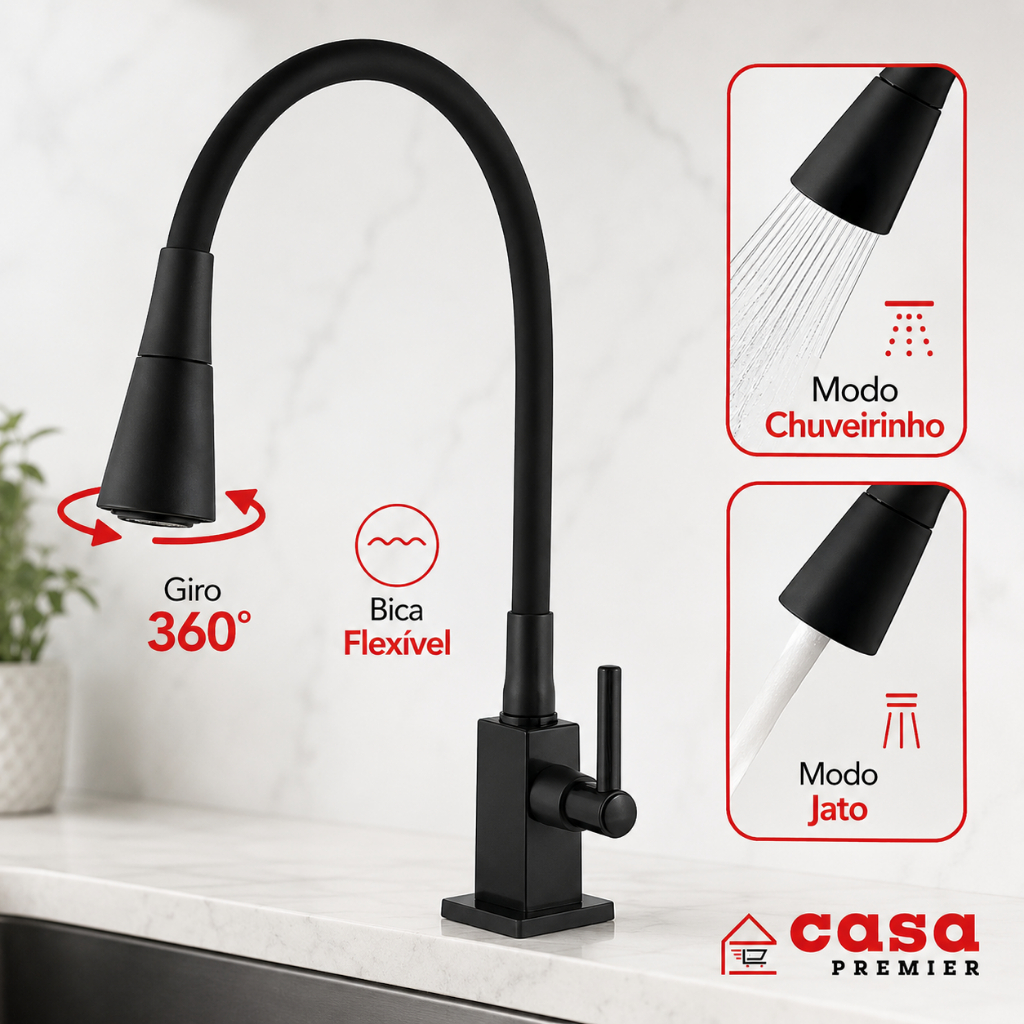 Torneira Gourmet Cozinha Mesa Bancada Pia Flexível Preta Dupla Função Abs