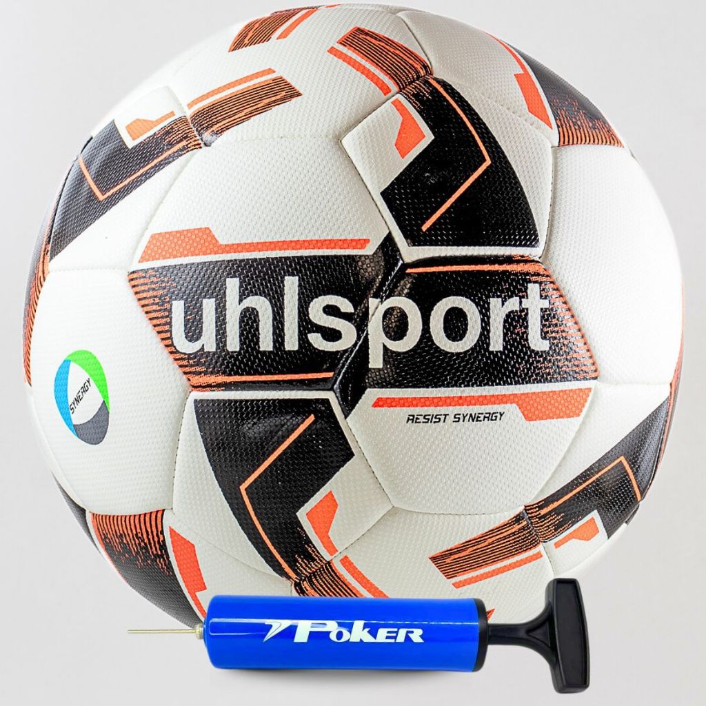 Kit Bola Futebol Uhlsport Resist Synergy Campo Society Grama Natural e Sintética Profissional Oficial + Bomba de Ar