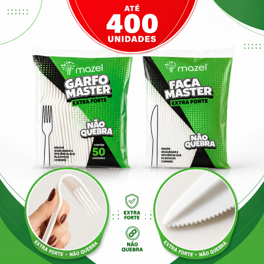 Kit Talher Garfo e Faca Inquebrável branco Descartavel Premium Refeição Churrasco Reforçado 400uni