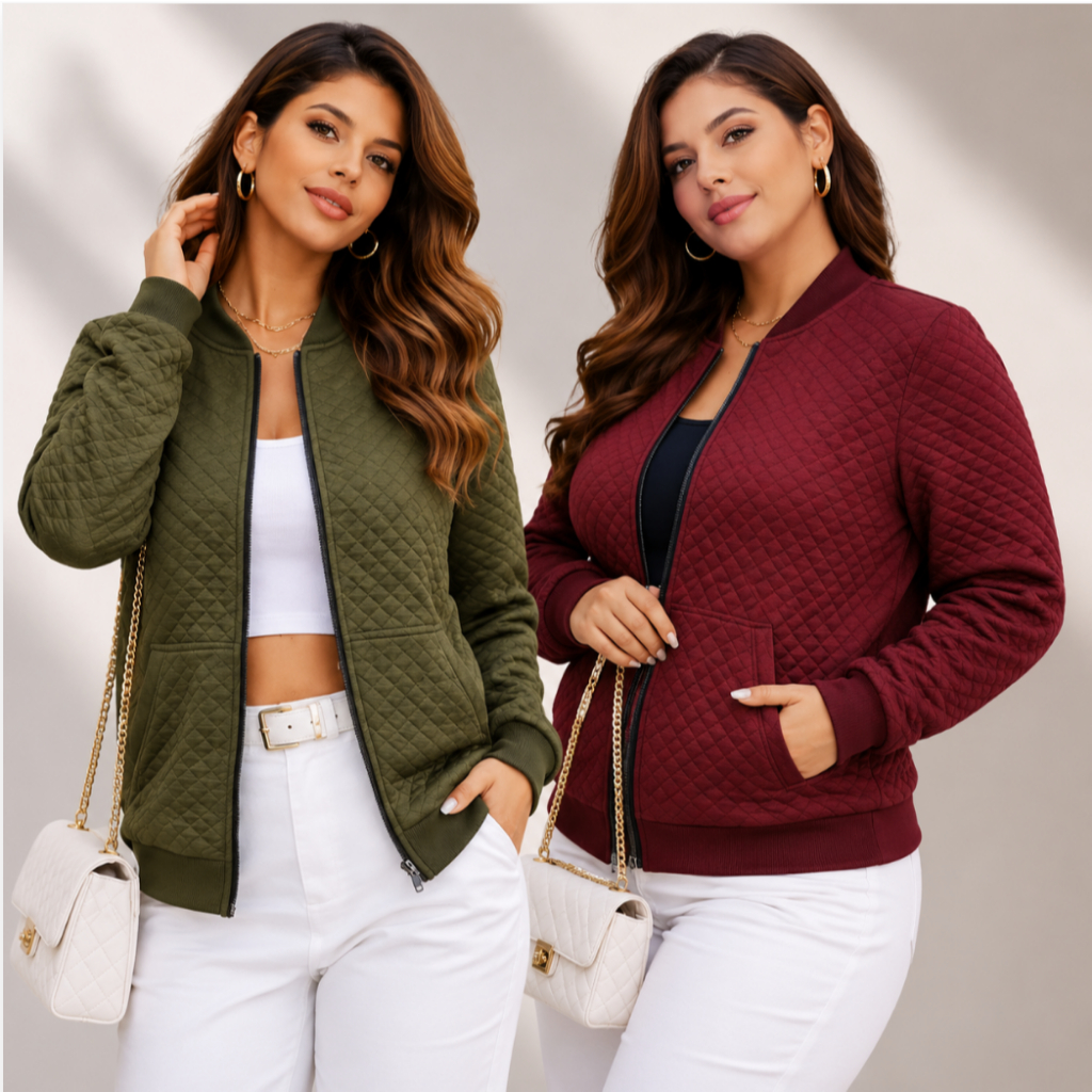 Casaco Bomber Feminino Matelassê Com Zíper Bolso Frio Inverno Moda Casual Tamanhos — imagem 2 de 2