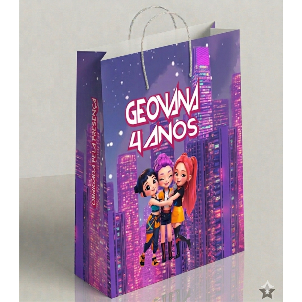 Sacolinha Personalizada Guerreiras do K-pop Personalizada com Nome e Idade Lembrancinha