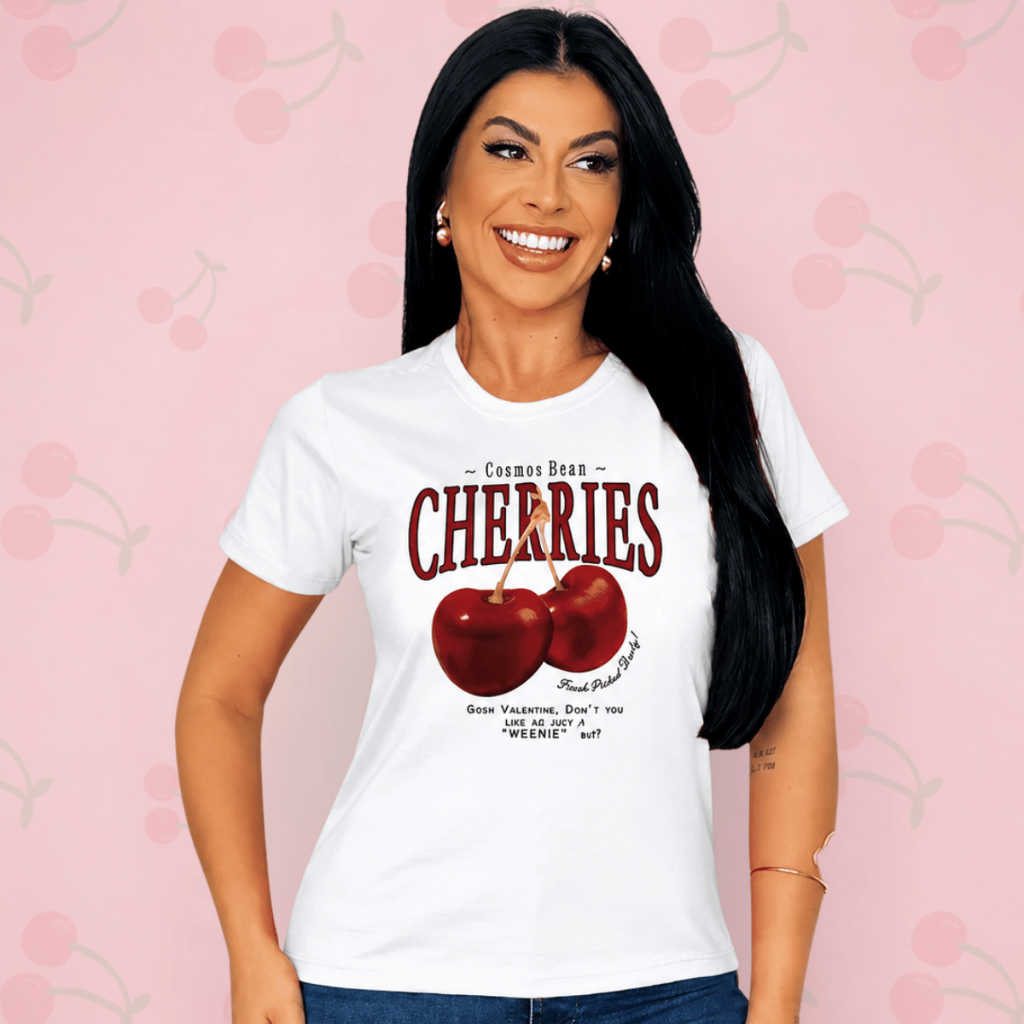 T-Shirt Feminina Estampada Cereja Blusa Manga Curta Casual Confortável Moda Versátil