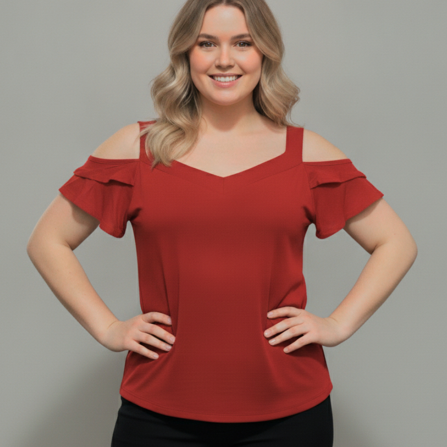 Blusa Feminina Alça Larga Plus Size - Manga Dois Babados
