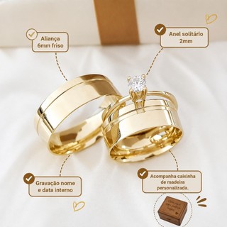 Par de Aliança Casamento Noivado Reta Grossa Risco banho Moedas Antigas Ouro 18k Anel Solitário