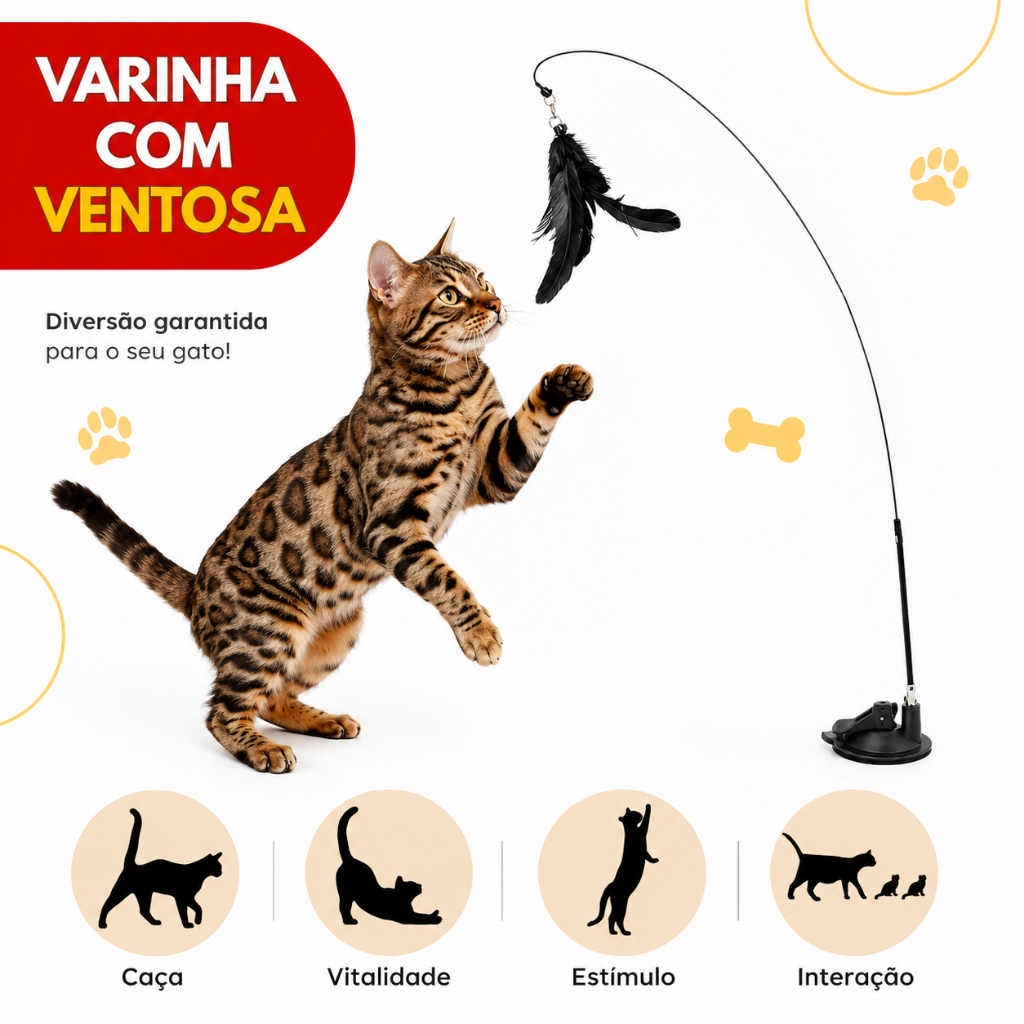 Brinquedo Interativo Varinha Pena Com Ventosa Que Fixa No Chão Para Gatos Adultos e Filhotes