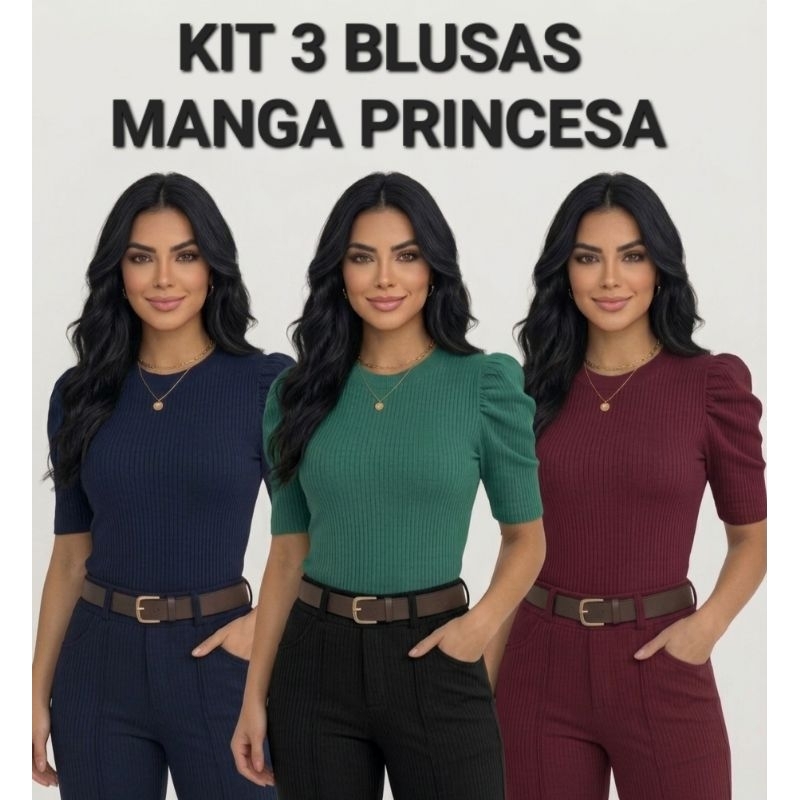 Kit 3 blusas manga princesa bufante blusinha jovem descolada
