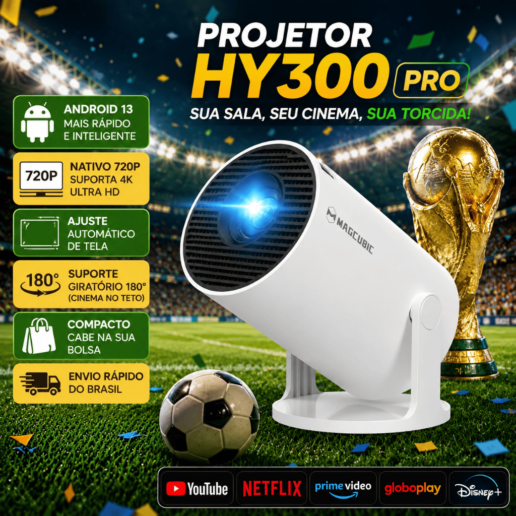 Projetor HY300 Original Portátil Smart Android 11 4K Ultra HD HDMI Wifi Bluetooth Alto Falante Embutido FLUX