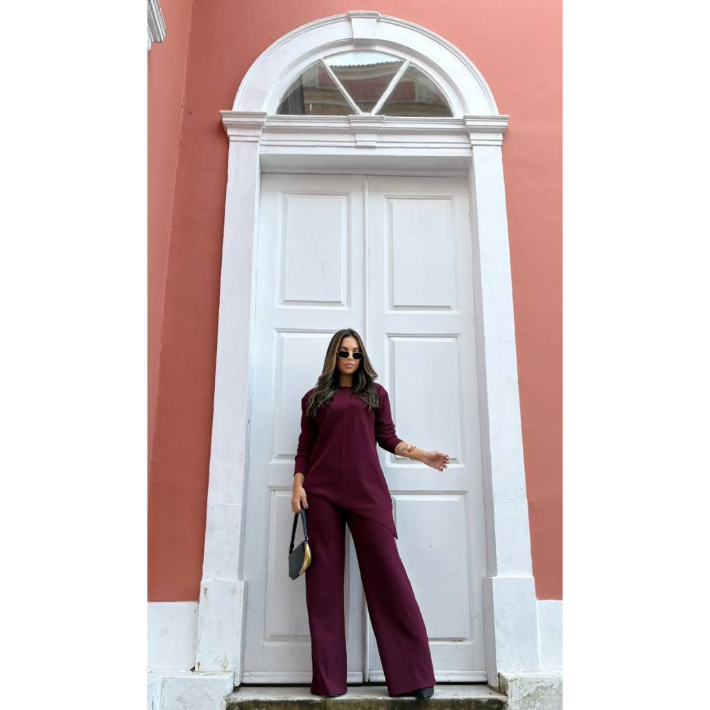 Conjunto Feminino Canelado Assimétrico Blusa Manga Longa com Punho + Calça Pantalona Cintura com Elástico | Tecido Anarr