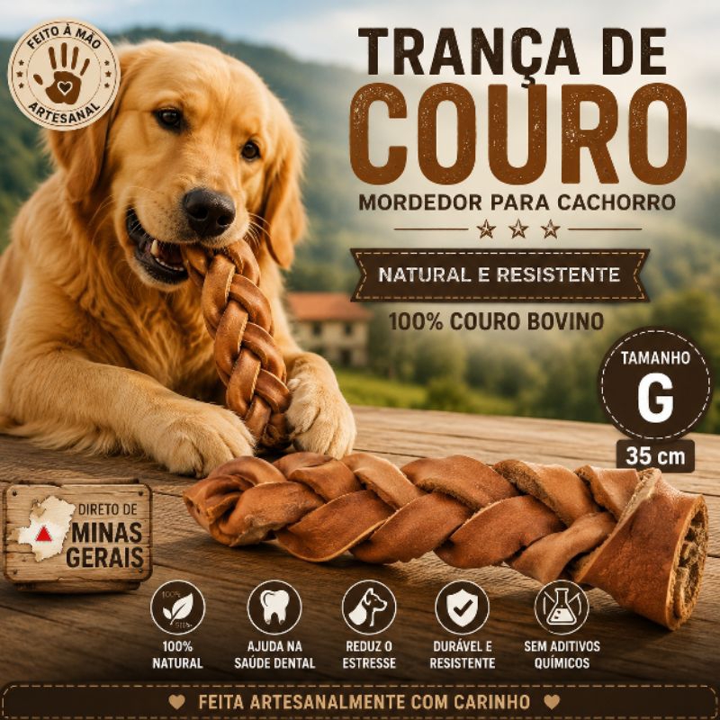 kit 2 mordedor natural para cães trança de couro bovina tamanho M