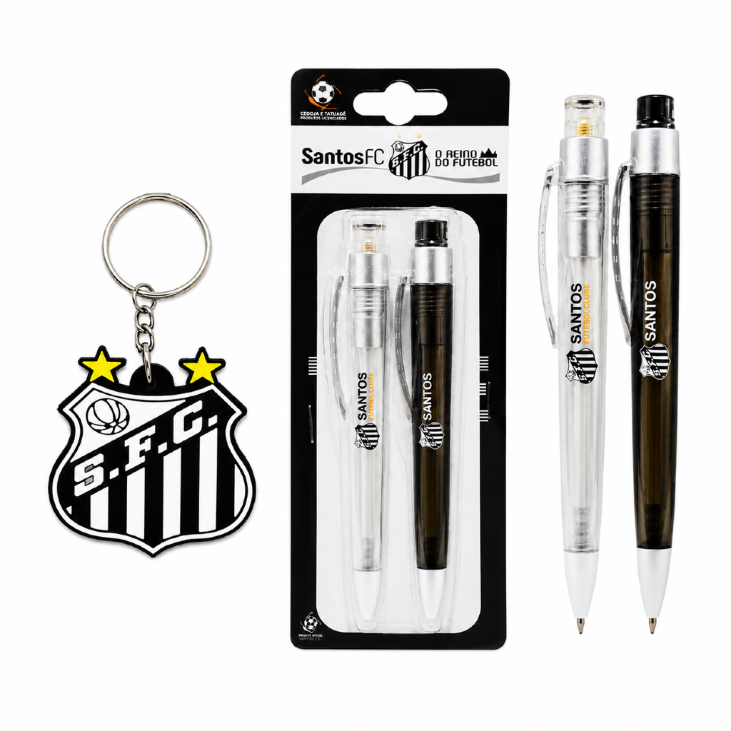 Kit Santos FC Oficial Torcedor – Conjunto 2 Canetas + Chaveiro Escudo Oficial Santista