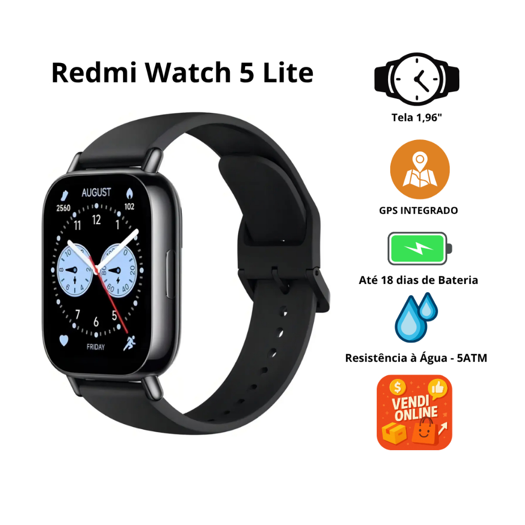 Smartwatch Xiaomi Redmi Watch 5 Lite AMOLED GPS Bluetooth 5ATM 150+ Esportes Até