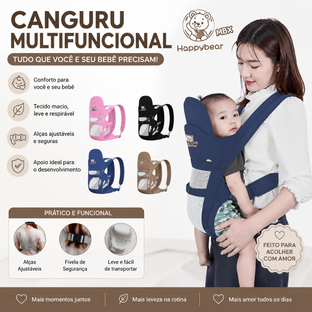 Canguru com Banco de Quadril Varias Cores, Modelo Mochila para Bebê, Acessório para Carregar Recém-Nascido e Criança