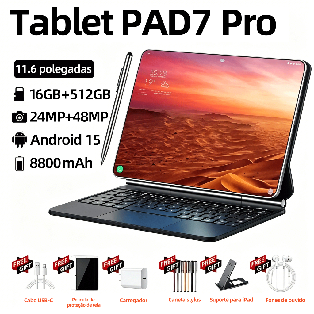Tablet PAD7 Pro 5G Android15 AI |16GB+512GB | Tela 11.6" 2K HD BOE | Bateria 8800mAh | Câmera 48MP+24MP |tablet barato