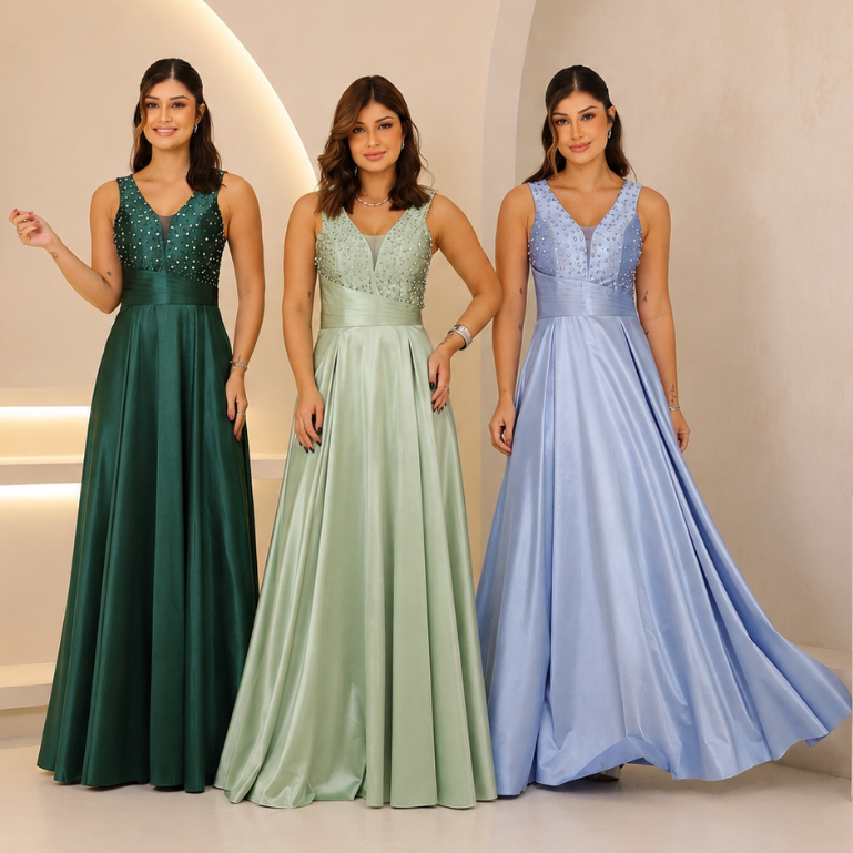 vestido de festa longo feminino decote pedraria e pérola Madrinhas de Casamentos e Formaturas