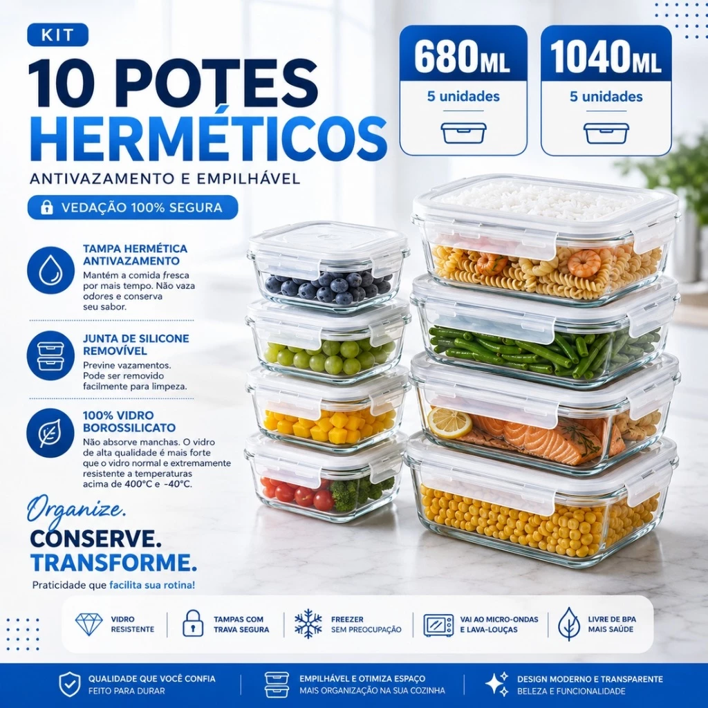 Kit 10 ou 5 Potes Vidro Hermético 1040ml Retangular 4 Travas Marmita Premium — imagem 1