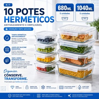 Kit 10 ou 5 Potes Vidro Hermético 1040ml Retangular 4 Travas Marmita Premium