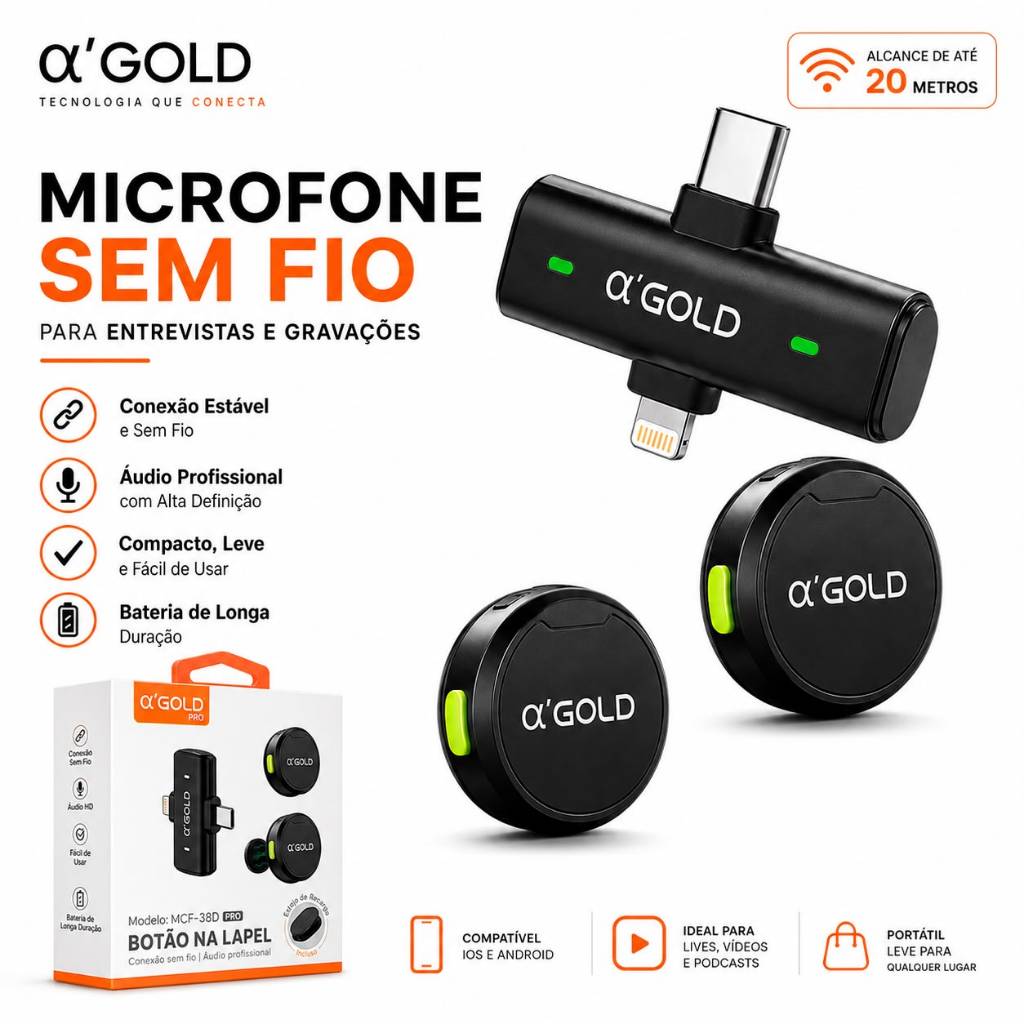 Microfone de Lapela sem fio agold duplo magnetico para celular sem ruido android ios