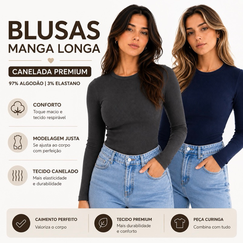 kit 2 Blusa Manga Longa Gola Redonda Feminina Canelada Algodão Confortável Moda Inverno Segunda pele