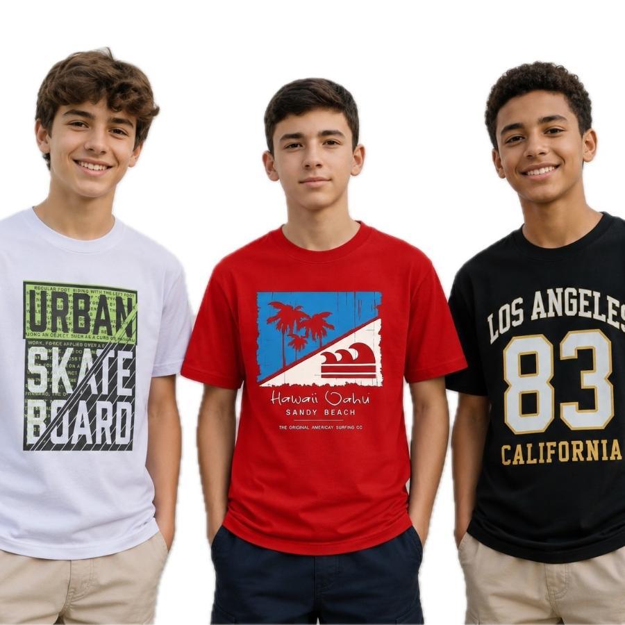 Kit 3 Camisetas Manga Curta Juvenil Estampadas de Menino - camiseta de verão masculina 10 ao 16 anos