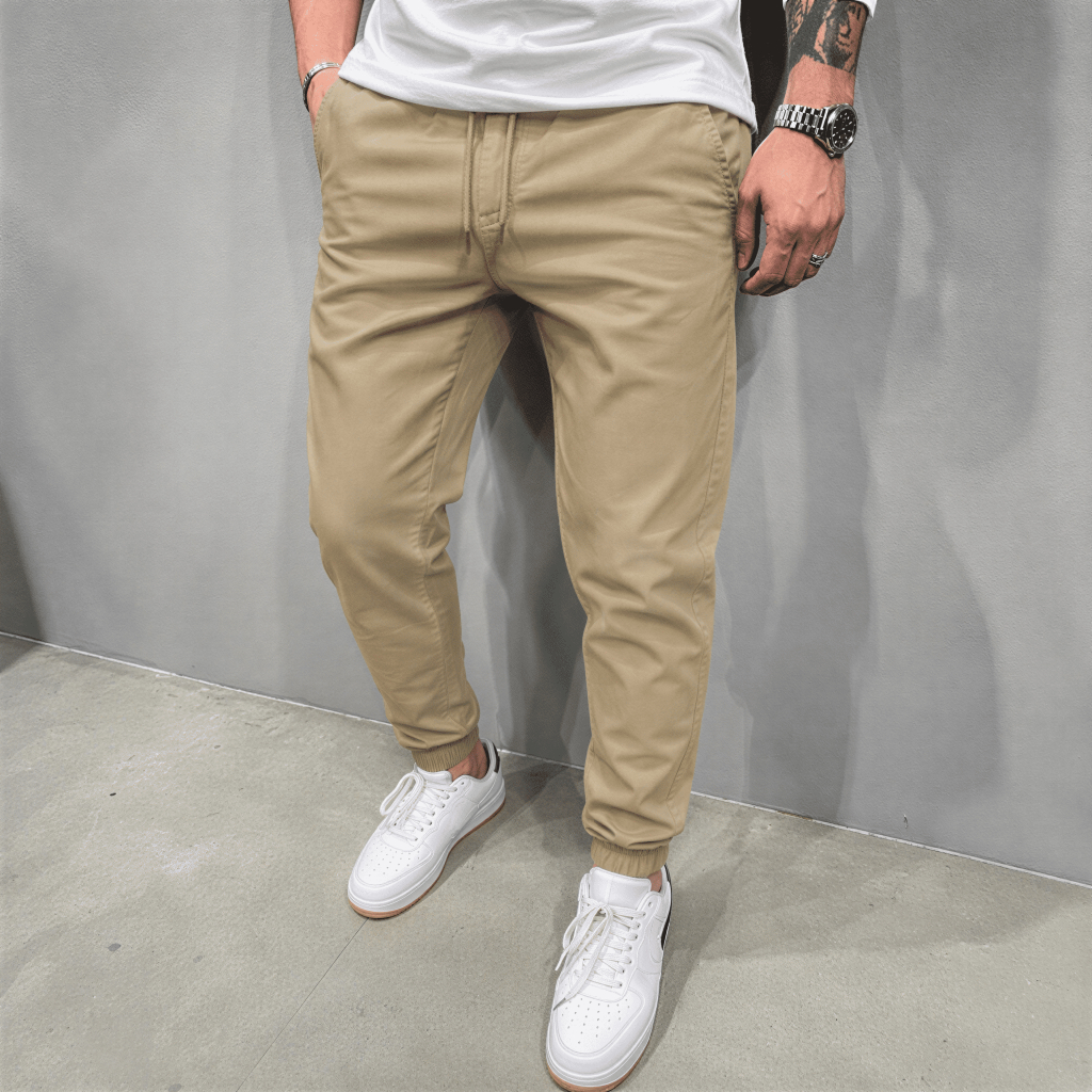 Calça Jogger Masculina Sarja com Punho Elástico Streetwear Casual Slim Conforto Premium Cordão Ajustável 4 Bolsos