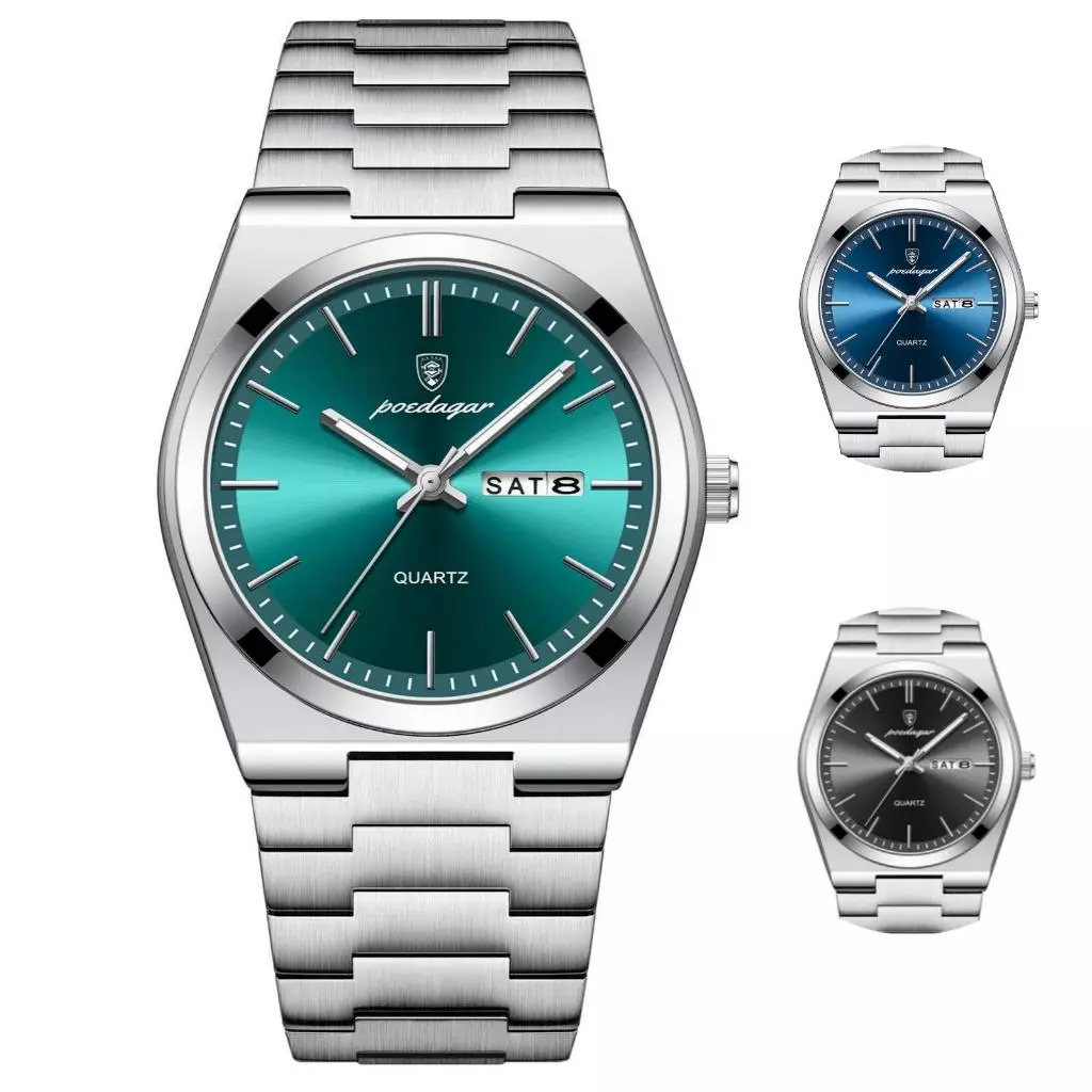 Relógio masculino de luxo em aço inoxidável com quartzo, à prova d'água e casual + caixa de presente