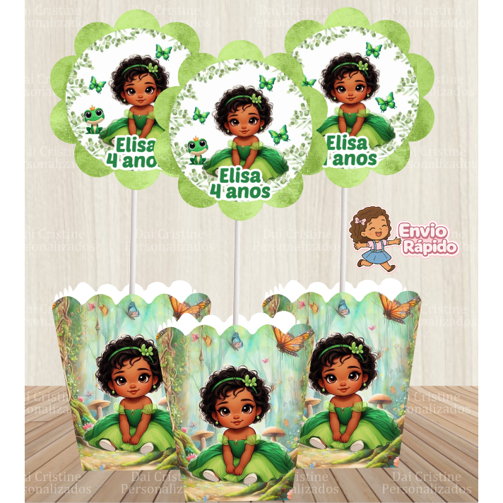 kit de Centro de Mesa Personalizado Caixa Cachepot  Tiana Baby Cute Cachepô Enfeite Arranjo PRINCESA E O SAPO