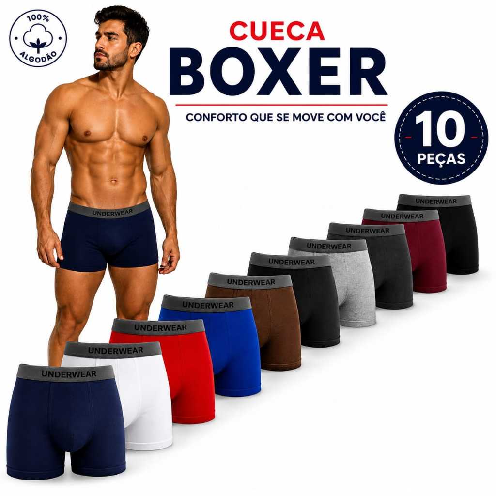 Kit 5 ou 10 Cueca Box Masculina Adulto De Algodao e Cotton e Elastano Cores Diversas