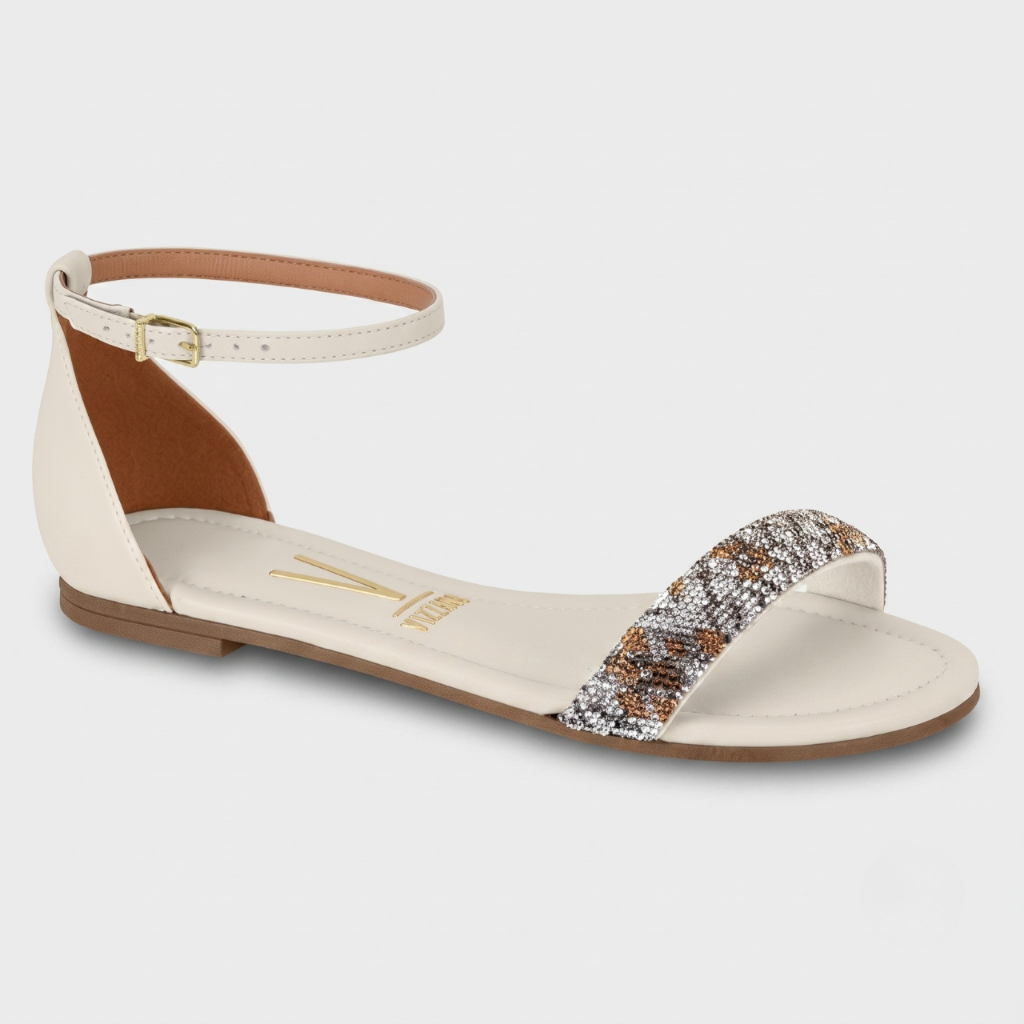 Sandália Feminina Vizzano Rasteira Branca Detalhes Brilhantes  Elegância Conforto