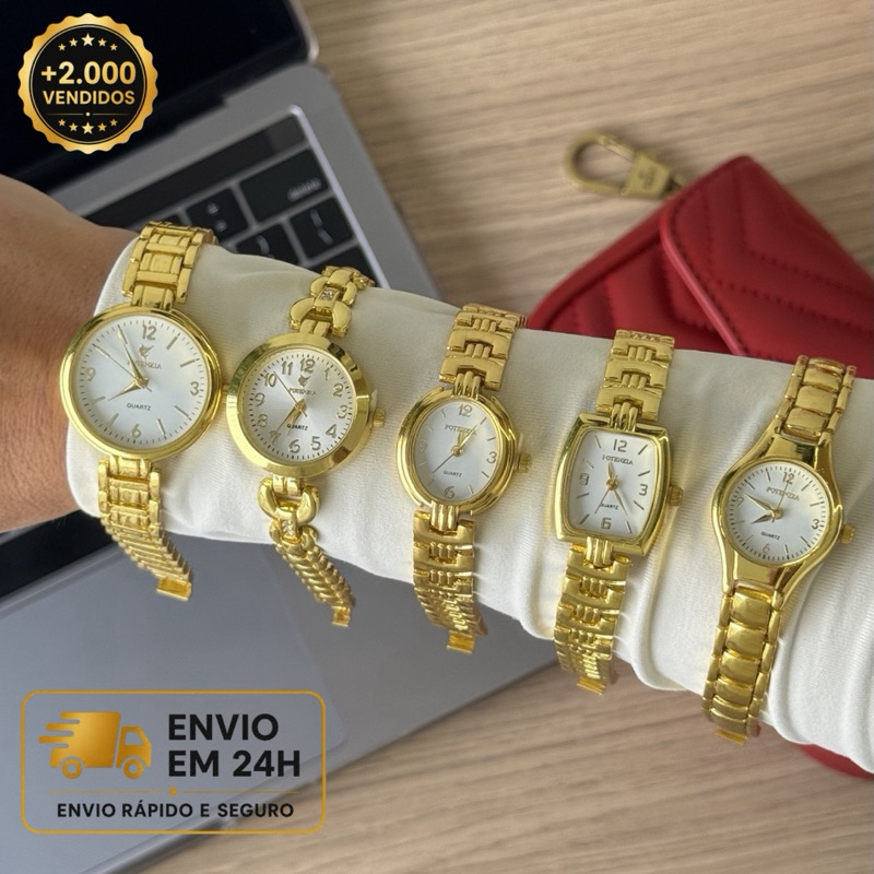 Relógio Feminino Potenzia Dourado À Prova D’Água Pulseira Fina Minimalista Elegante Quartz