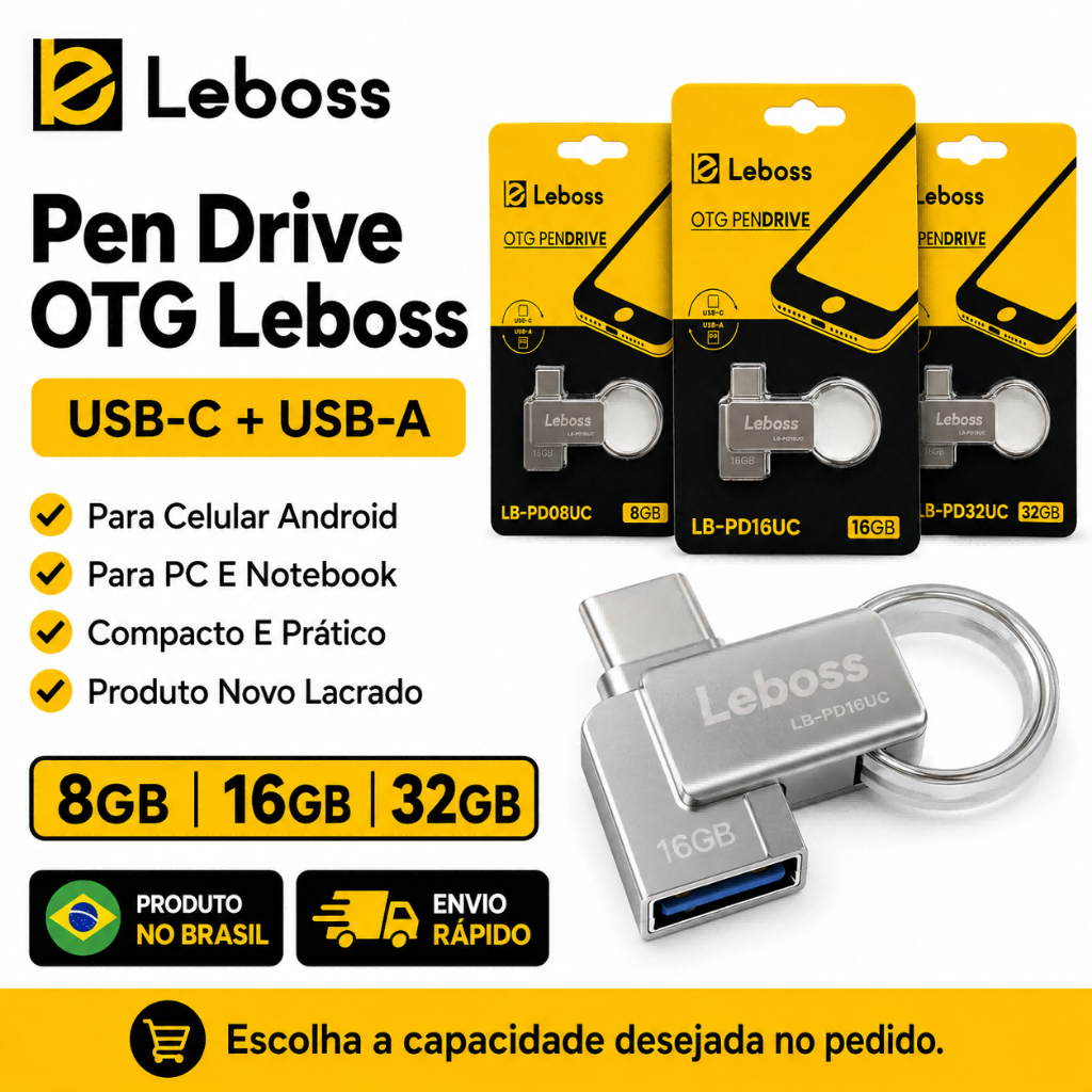 Pen Drive 2 em 1 OTG Leboss USB-C USB-A 8GB 16GB 32GB Android Celular PC