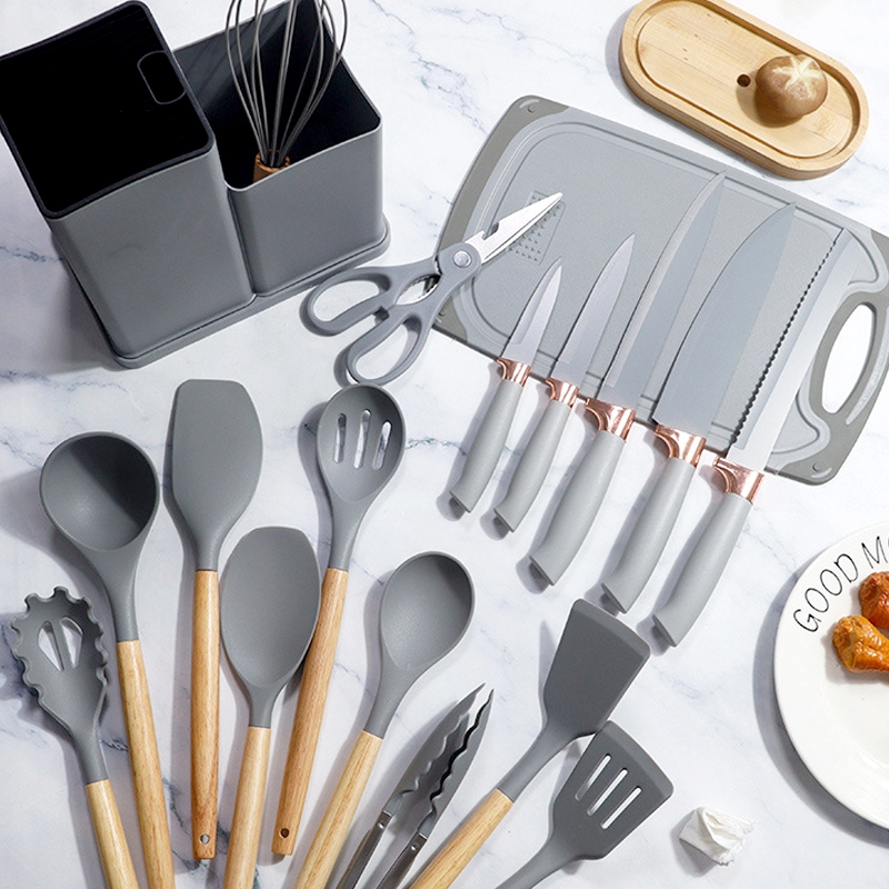 Kit Conjunto19 Pçs De Utensílios Facas Silicone Cozinha Jogo Completo Batedeira Colher Pegador -R9