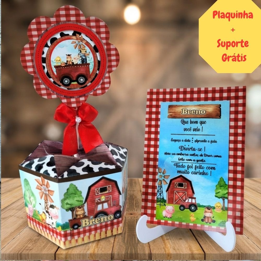 Centro de Mesa Fazendinha Vermelha +Plaquinha Cachepot Personalizado p/Festa de Aniversário Infantil/Lembrancinha/Enfeit