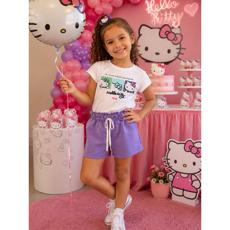 Conjunto Hello Kitty Infantil Menina Feminino Camiseta Creme Short Lilás Festa Passeio
