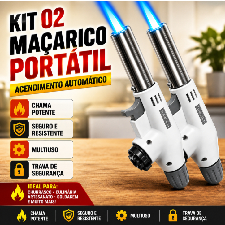 Kit Maçarico Manual Portátil Golfield com Gatilho Culinária Doce Gourmet Carnes Churrasco Artesanato