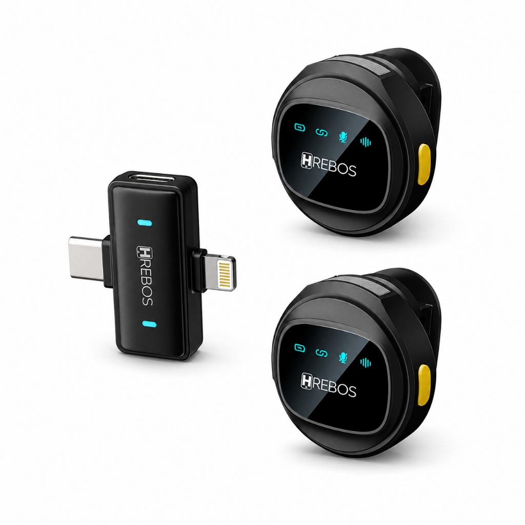 Microfone Sem Fio Lapela Hrebos IF-1000 AirMic Dual USB-C Lightning Iphone Celular Live Vídeo 2.4GHz