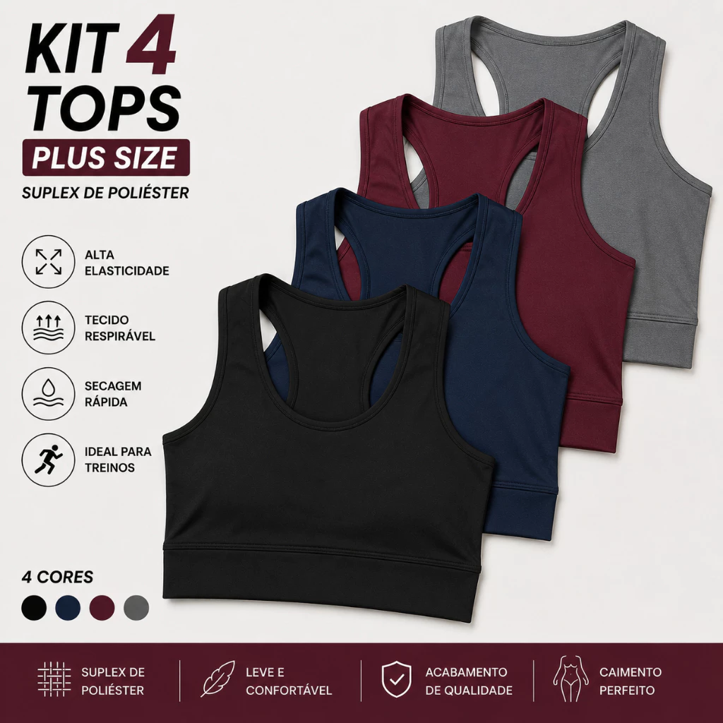 Kit 4 Ou Apenas 2 Top Feminino Fitness Plus Size Moda Academia Confortável Alça Grossa — imagem 1